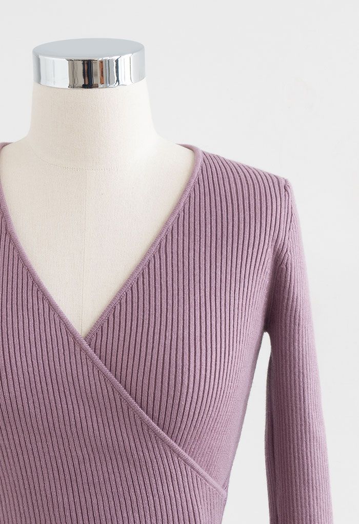 V-Neck Tie-Waist Wrap Knit Top in Lilac 
