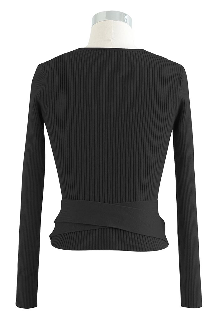 V-Neck Tie-Waist Wrap Knit Top in Black