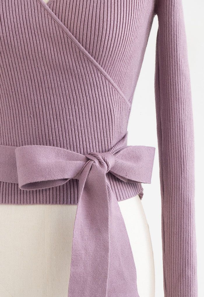 V-Neck Tie-Waist Wrap Knit Top in Lilac 