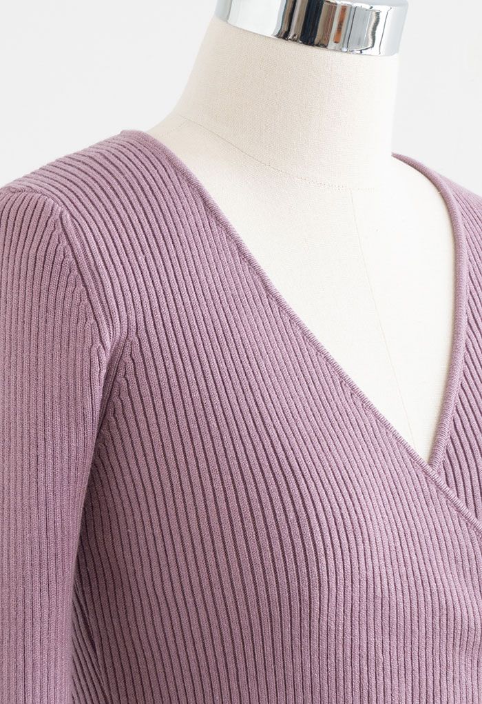 V-Neck Tie-Waist Wrap Knit Top in Lilac 