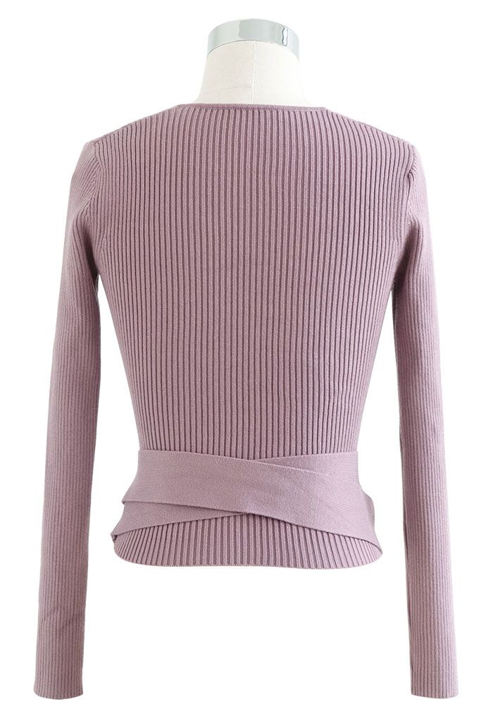 V-Neck Tie-Waist Wrap Knit Top in Lilac 