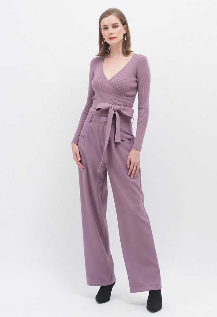V-Neck Tie-Waist Wrap Knit Top in Lilac 