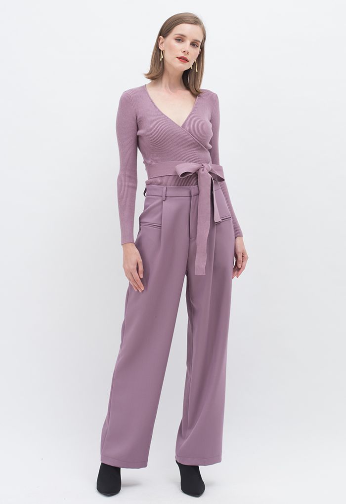 V-Neck Tie-Waist Wrap Knit Top in Lilac 