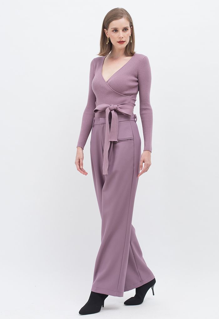 V-Neck Tie-Waist Wrap Knit Top in Lilac 