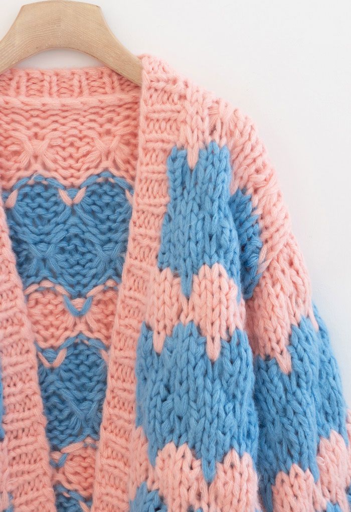 Two-Tone Hand-Knit Chunky Cardigan in Pink