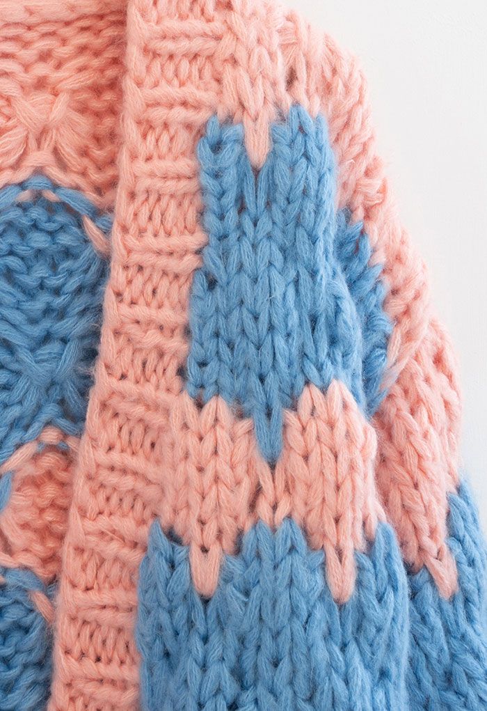 Two-Tone Hand-Knit Chunky Cardigan in Pink