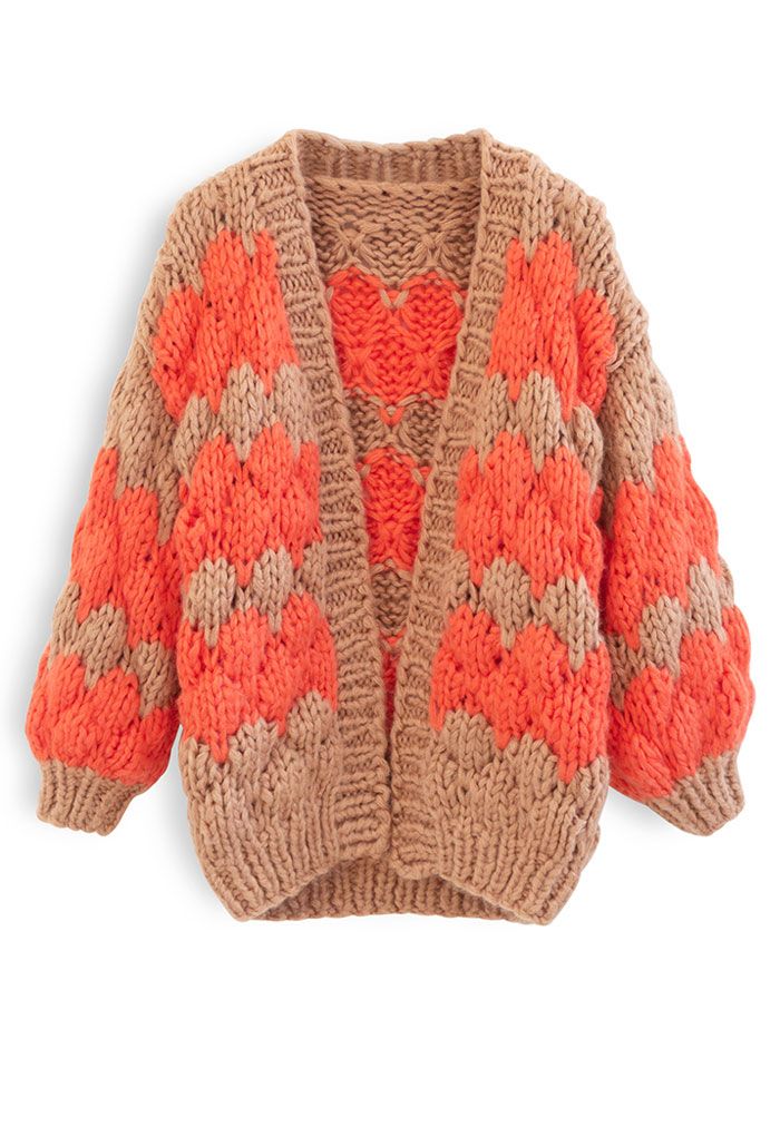 Two-Tone Hand-Knit Chunky Cardigan in Tan