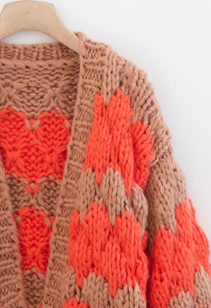 Two-Tone Hand-Knit Chunky Cardigan in Tan