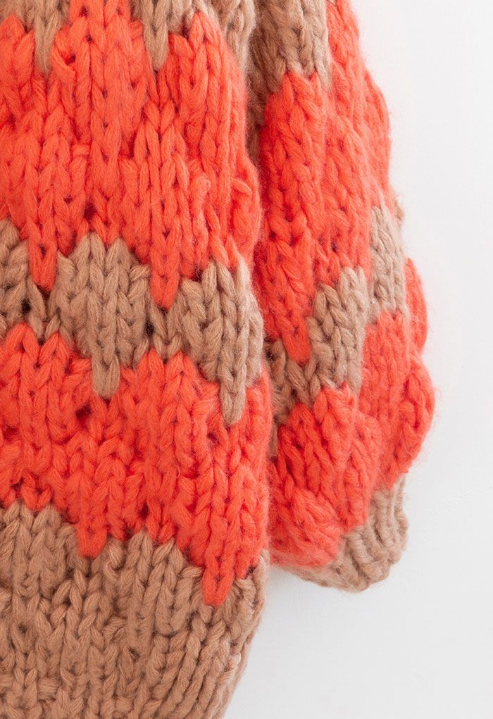 Two-Tone Hand-Knit Chunky Cardigan in Tan