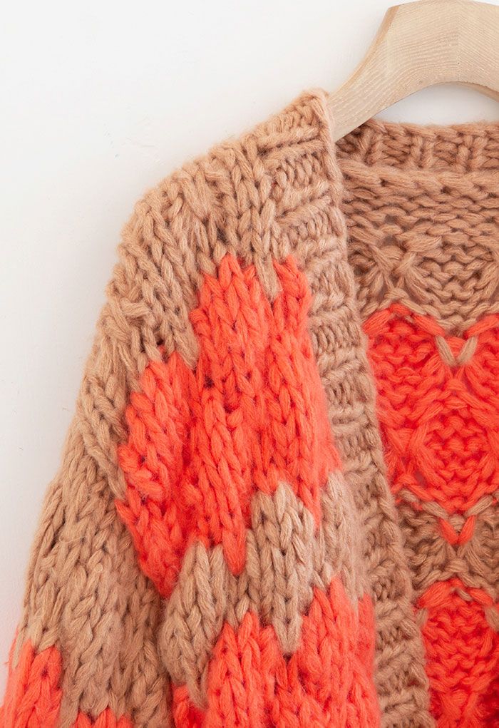 Two-Tone Hand-Knit Chunky Cardigan in Tan