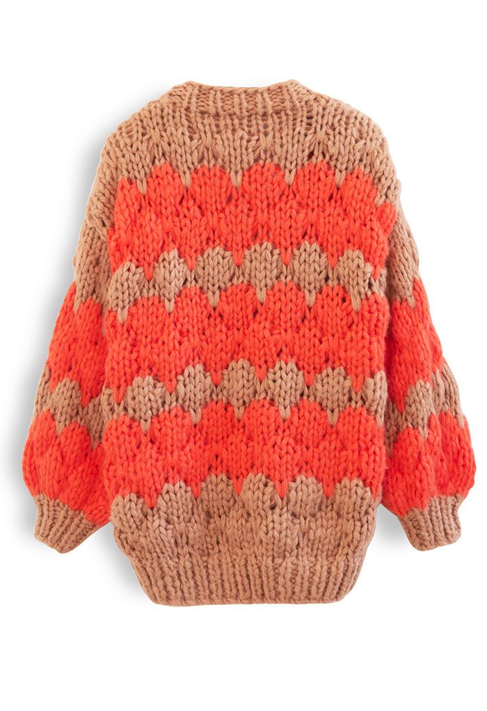 Two-Tone Hand-Knit Chunky Cardigan in Tan