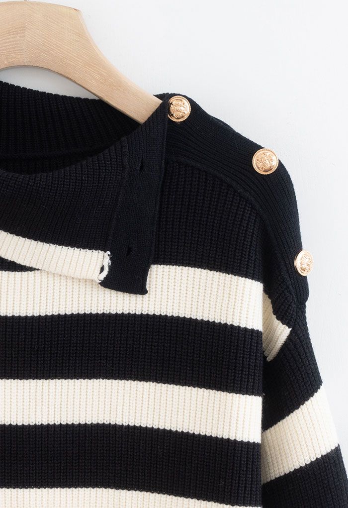 Buttoned Neck Striped Oversize Sweater in Black