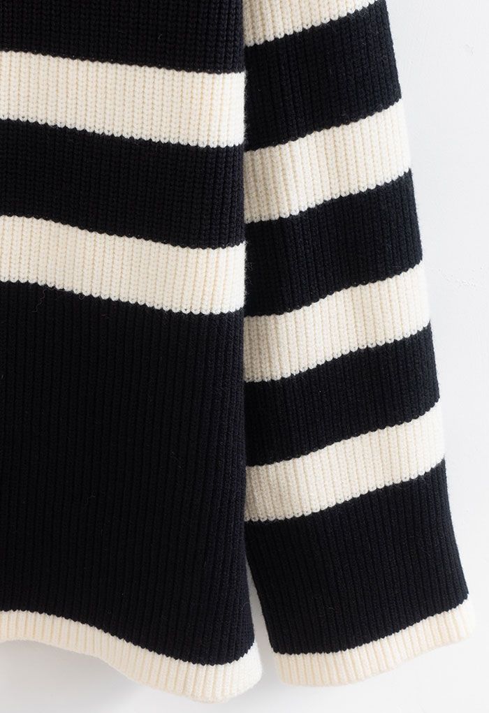 Buttoned Neck Striped Oversize Sweater in Black