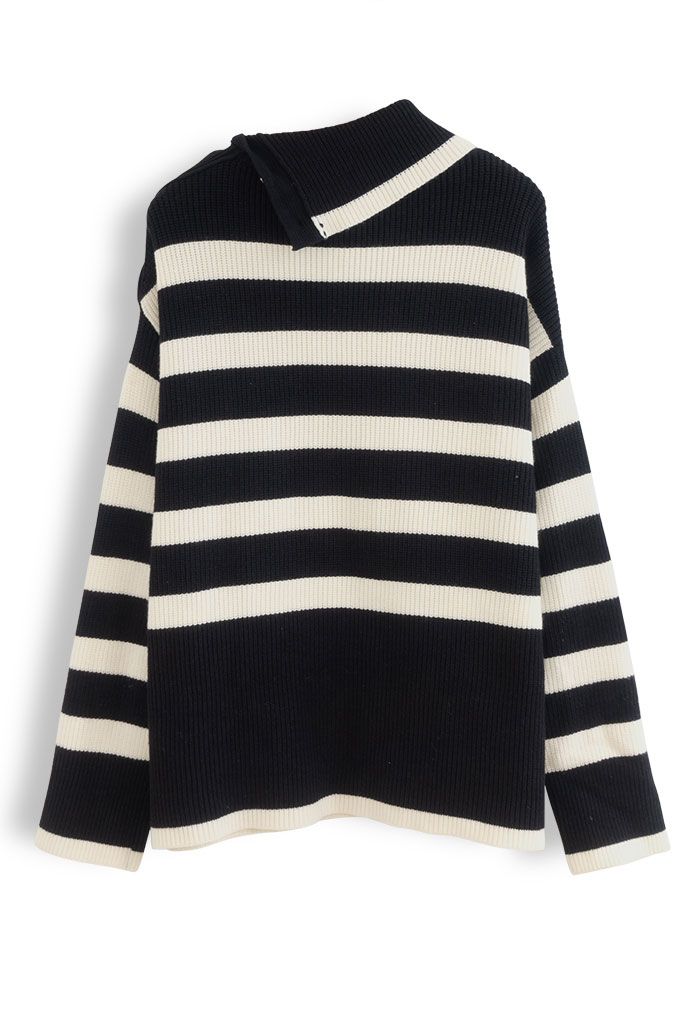 Buttoned Neck Striped Oversize Sweater in Black
