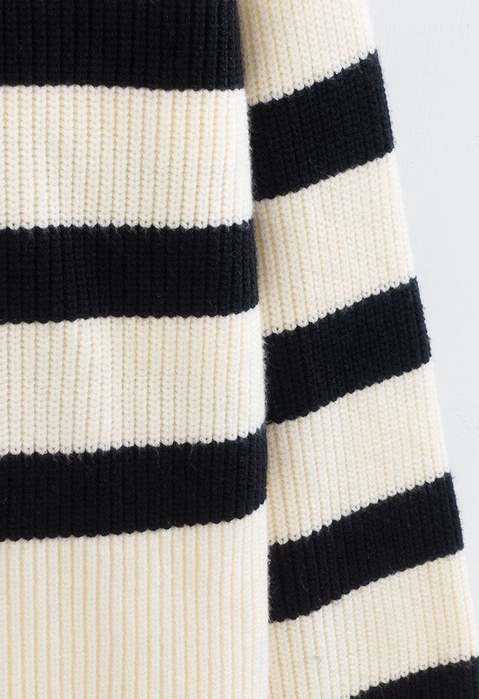 Buttoned Neck Striped Oversize Sweater in Cream