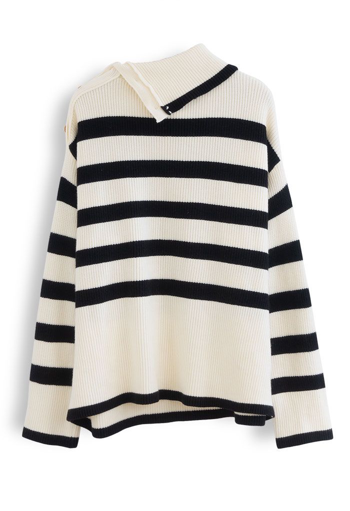 Buttoned Neck Striped Oversize Sweater in Cream