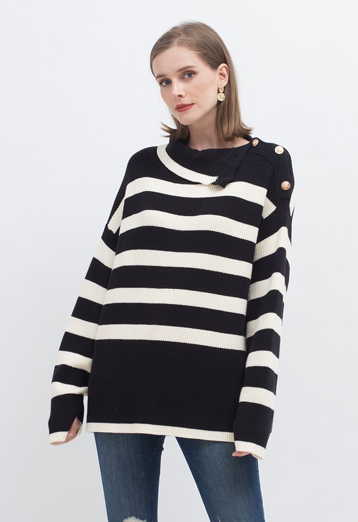 Buttoned Neck Striped Oversize Sweater in Black