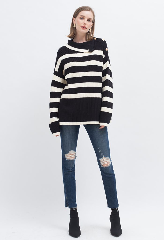 Buttoned Neck Striped Oversize Sweater in Black