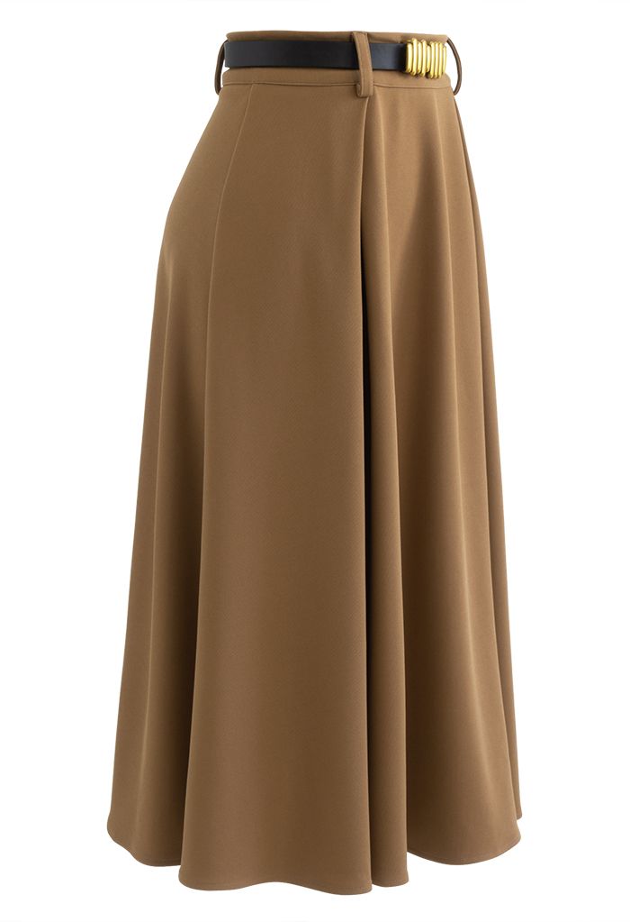 Versatile A-Line Belted Midi Skirt in Tan