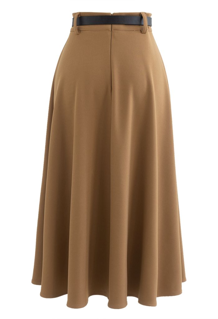 Versatile A-Line Belted Midi Skirt in Tan