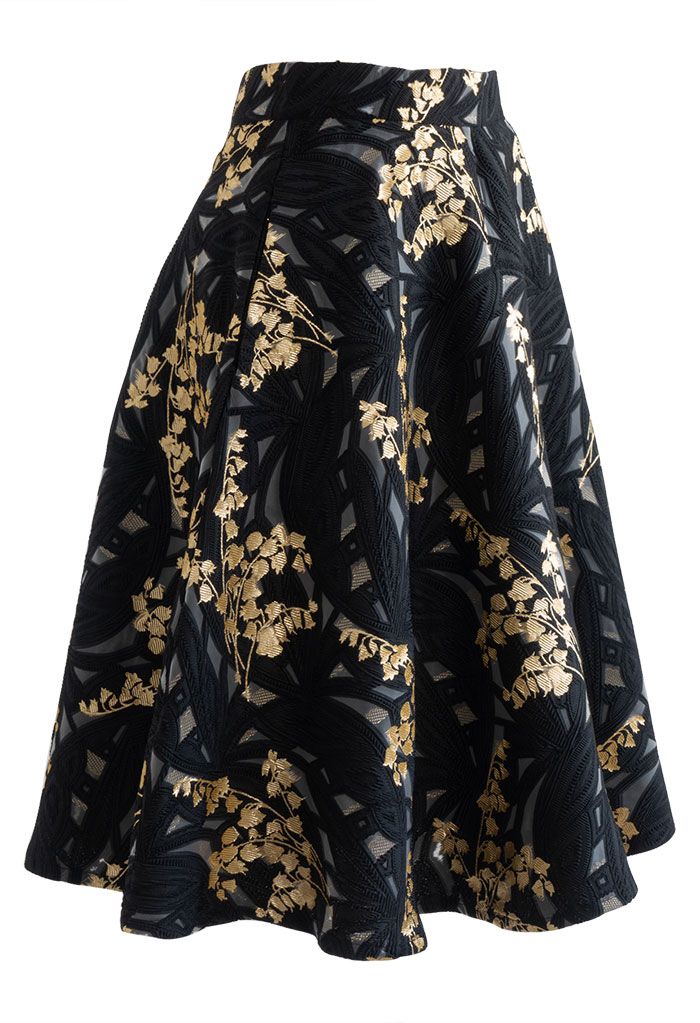 Harebell Embroidered Jacquard A-Line Midi Skirt in Black