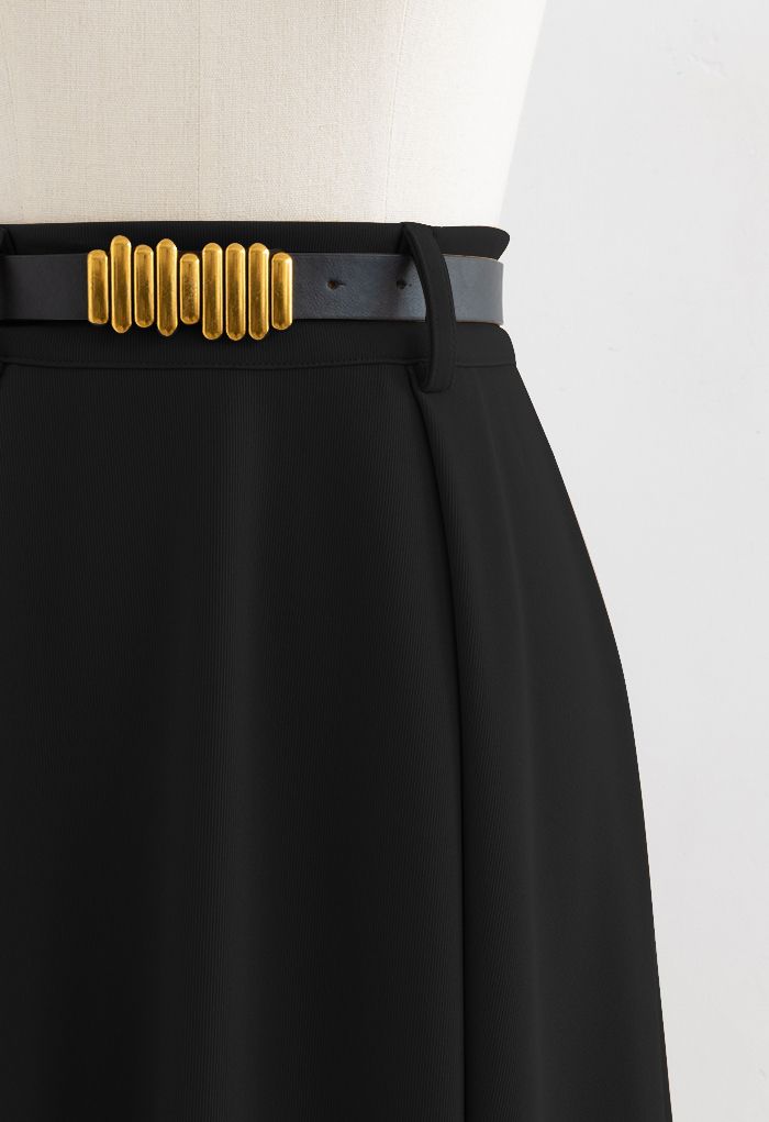 Versatile A-Line Belted Midi Skirt in Black