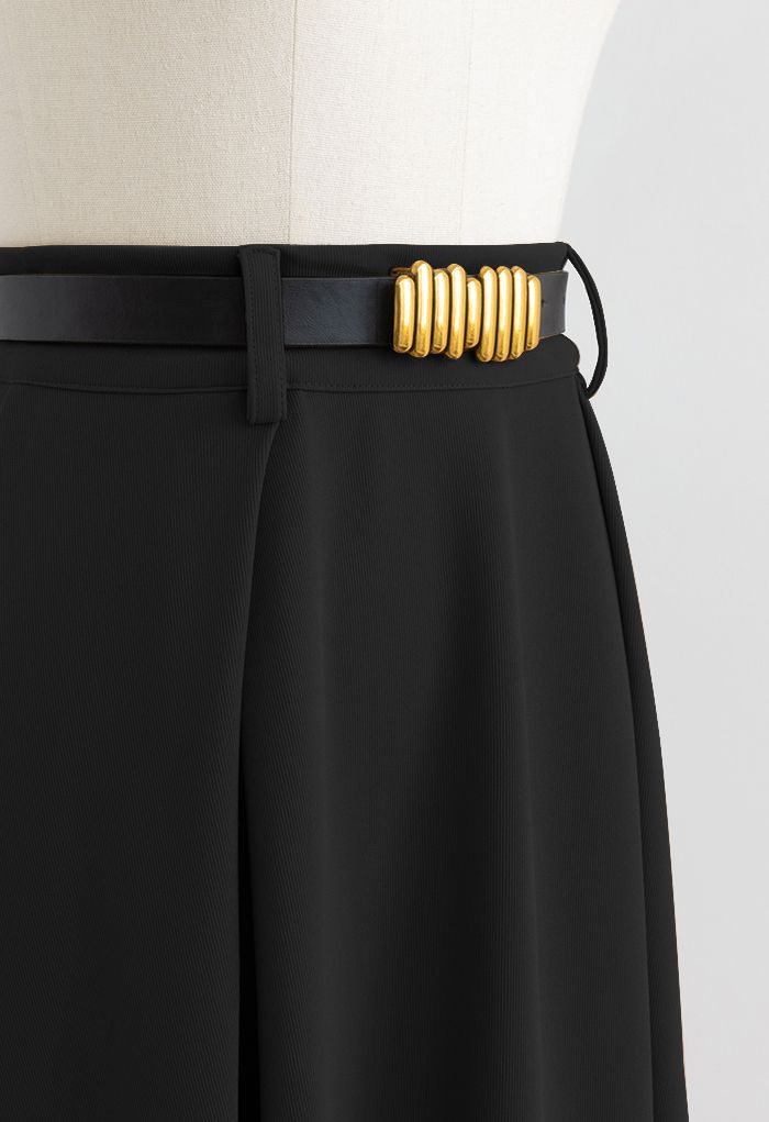 Versatile A-Line Belted Midi Skirt in Black