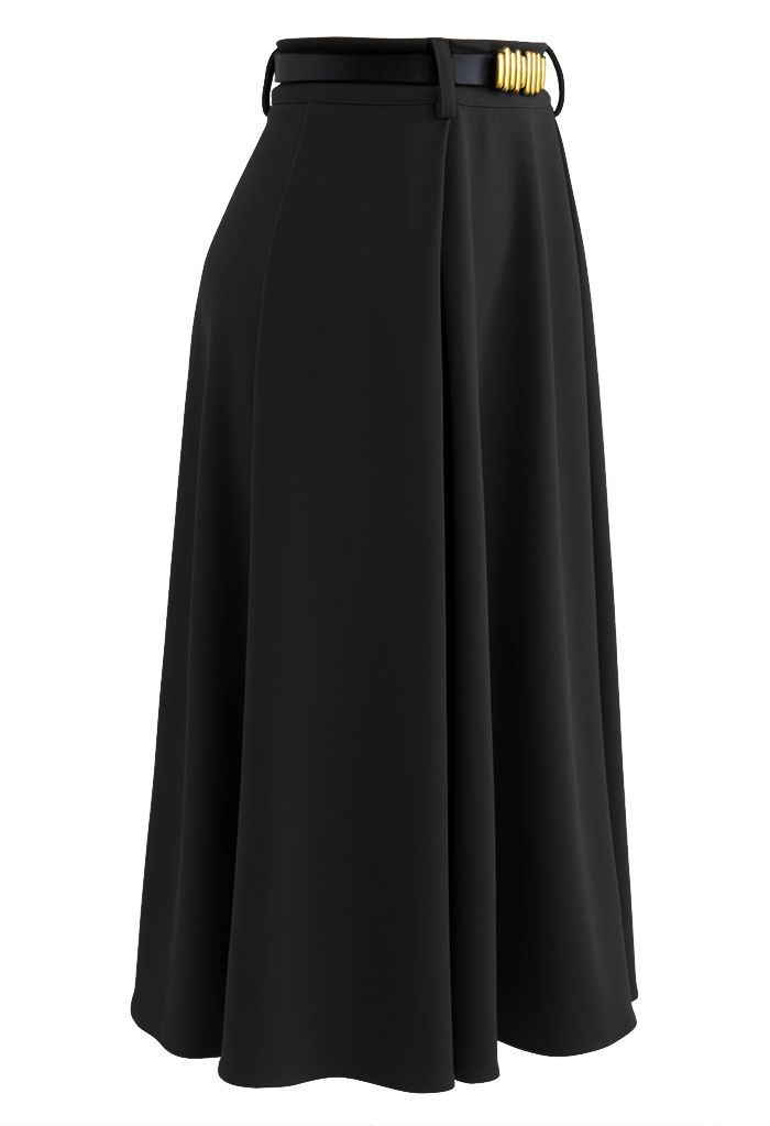 Versatile A-Line Belted Midi Skirt in Black