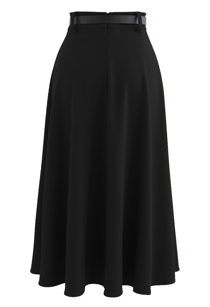 Versatile A-Line Belted Midi Skirt in Black