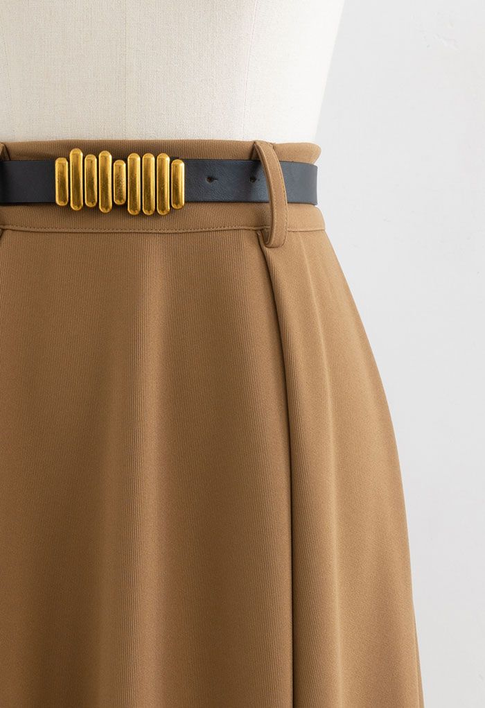Versatile A-Line Belted Midi Skirt in Tan