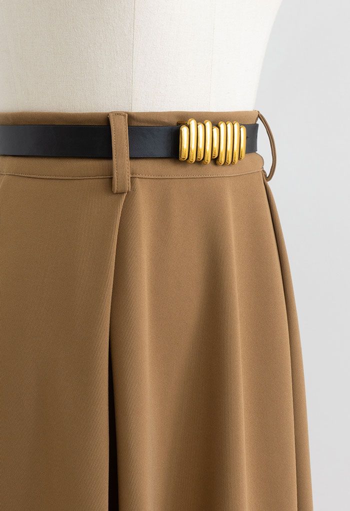 Versatile A-Line Belted Midi Skirt in Tan