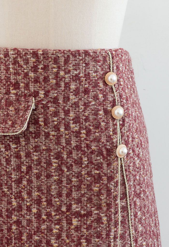 Golden Fringe Buttoned Tweed Mini Bud Skirt in Red