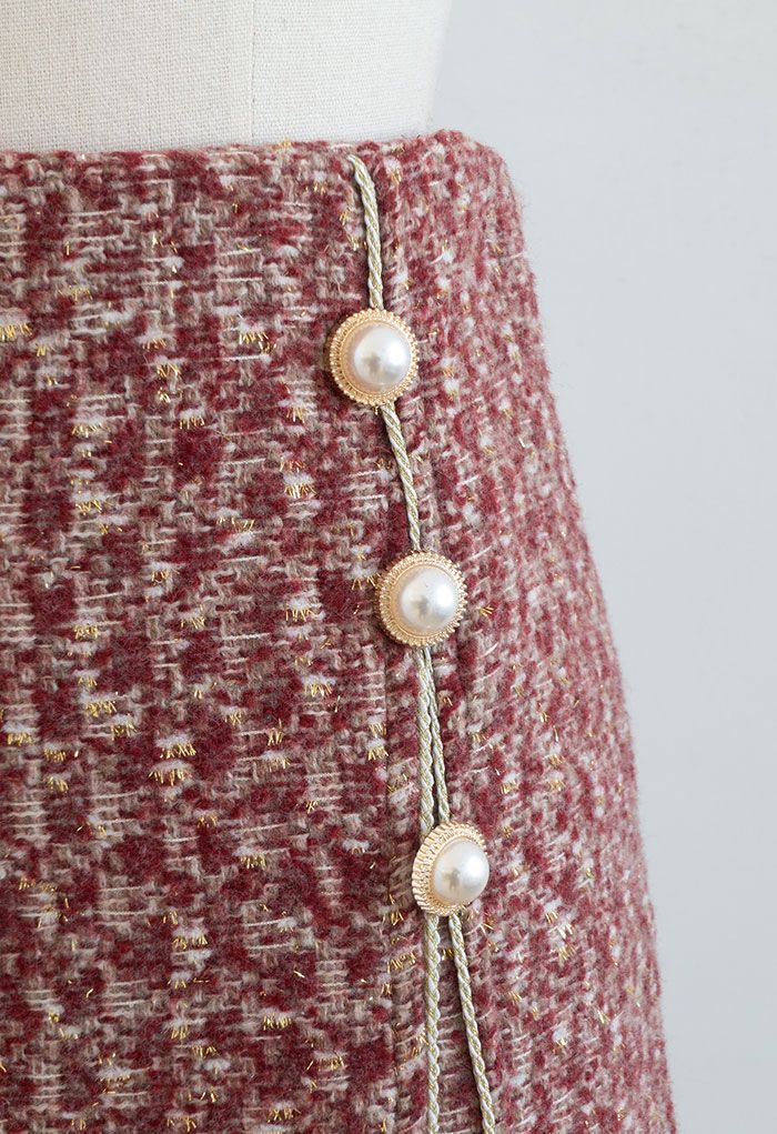 Golden Fringe Buttoned Tweed Mini Bud Skirt in Red