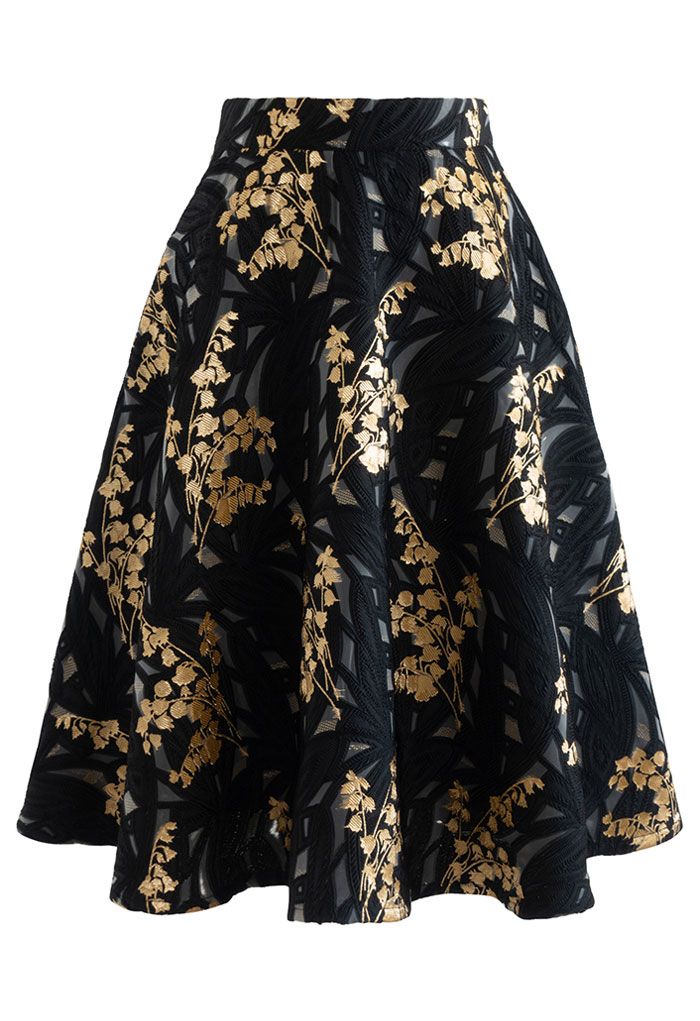 Harebell Embroidered Jacquard A-Line Midi Skirt in Black