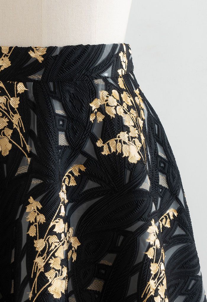 Harebell Embroidered Jacquard A-Line Midi Skirt in Black