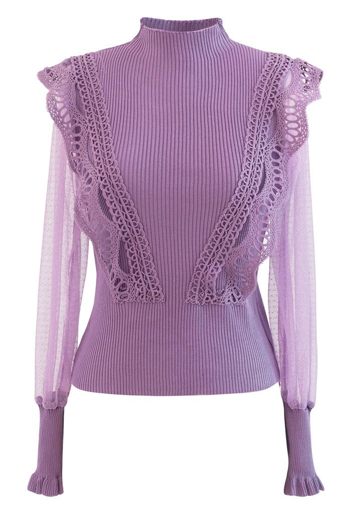 Scalloped Crochet Mesh Sleeves Knit Top in Purple