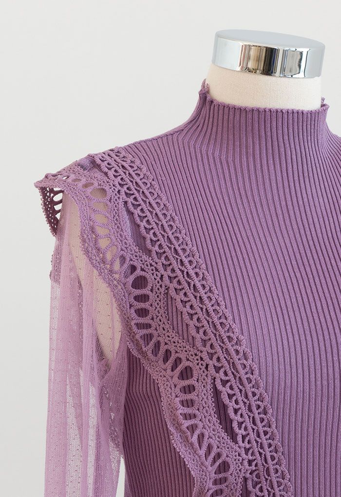 Scalloped Crochet Mesh Sleeves Knit Top in Purple