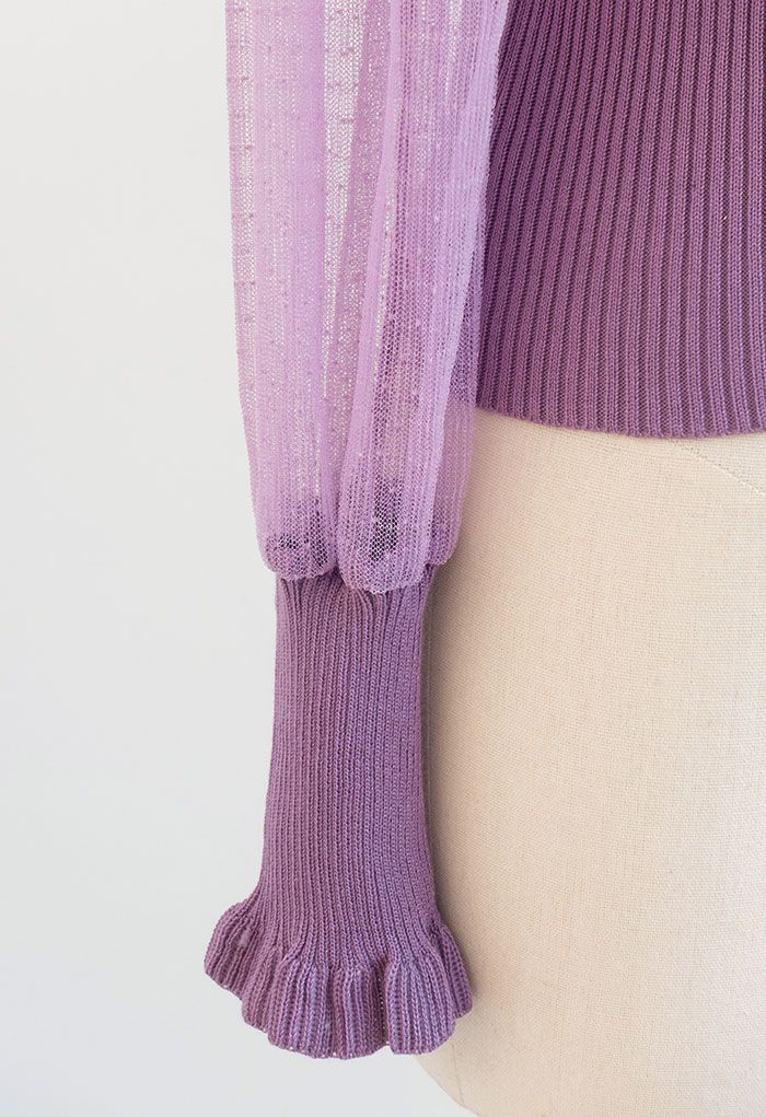 Scalloped Crochet Mesh Sleeves Knit Top in Purple
