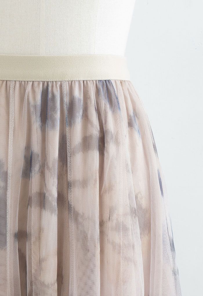 Inky Floral Double-Layered Mesh Tulle Midi Skirt
