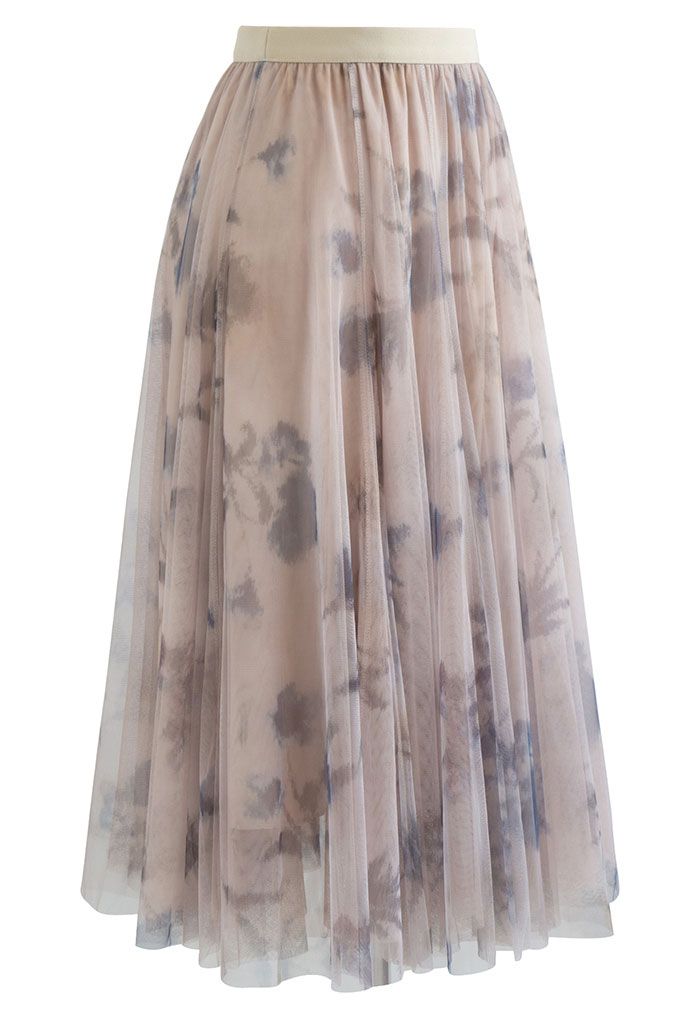 Inky Floral Double-Layered Mesh Tulle Midi Skirt