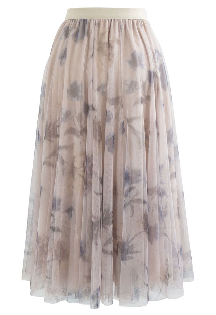 Inky Floral Double-Layered Mesh Tulle Midi Skirt