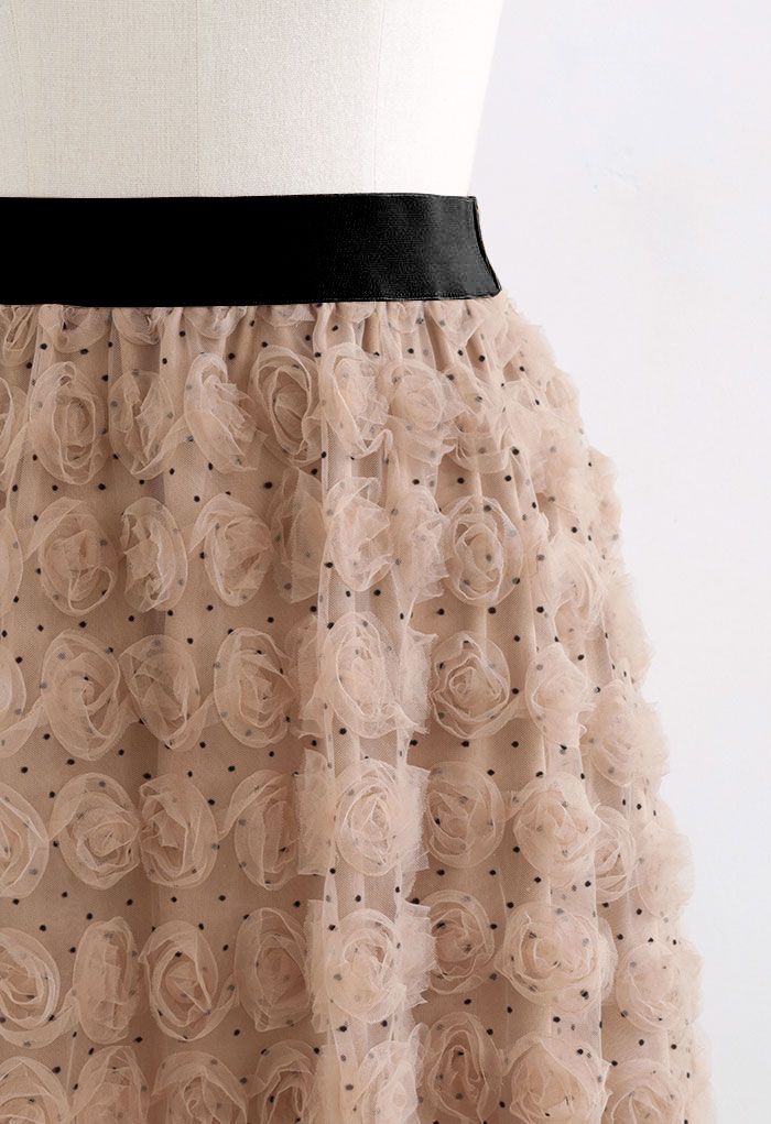 3D Rose Mesh Tulle Midi Skirt in Caramel