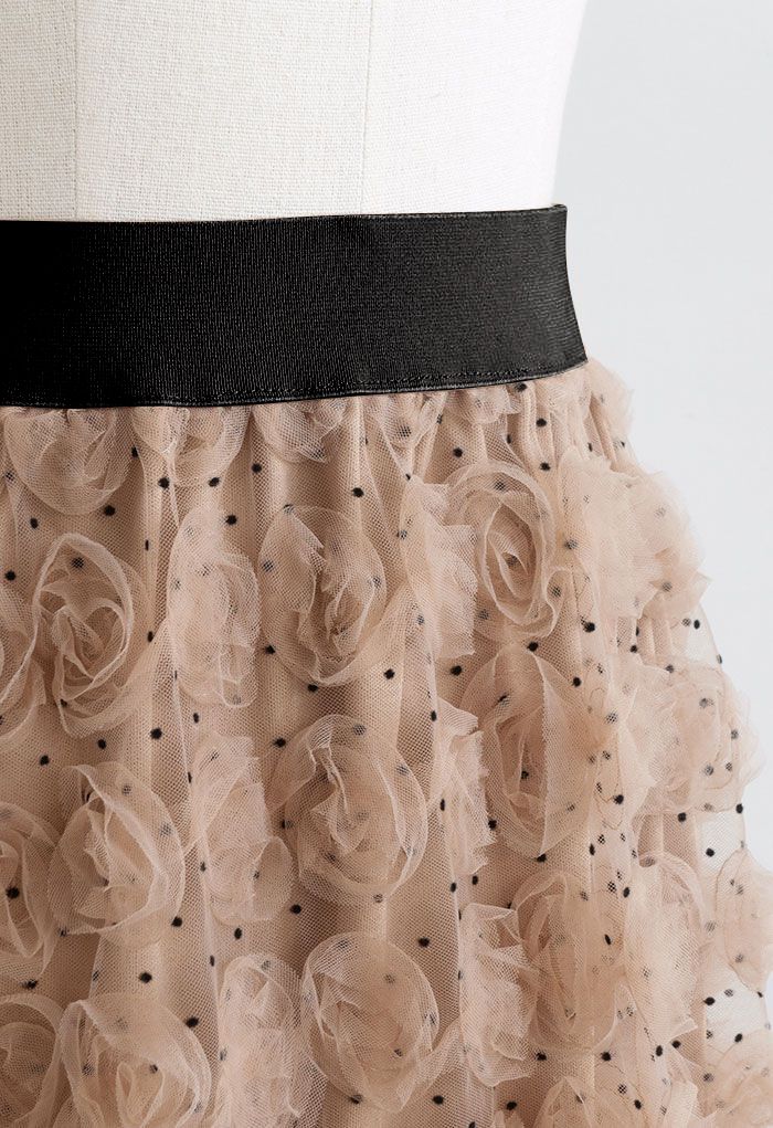 3D Rose Mesh Tulle Midi Skirt in Caramel