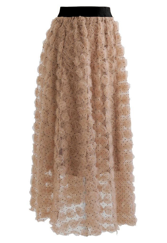3D Rose Mesh Tulle Midi Skirt in Caramel