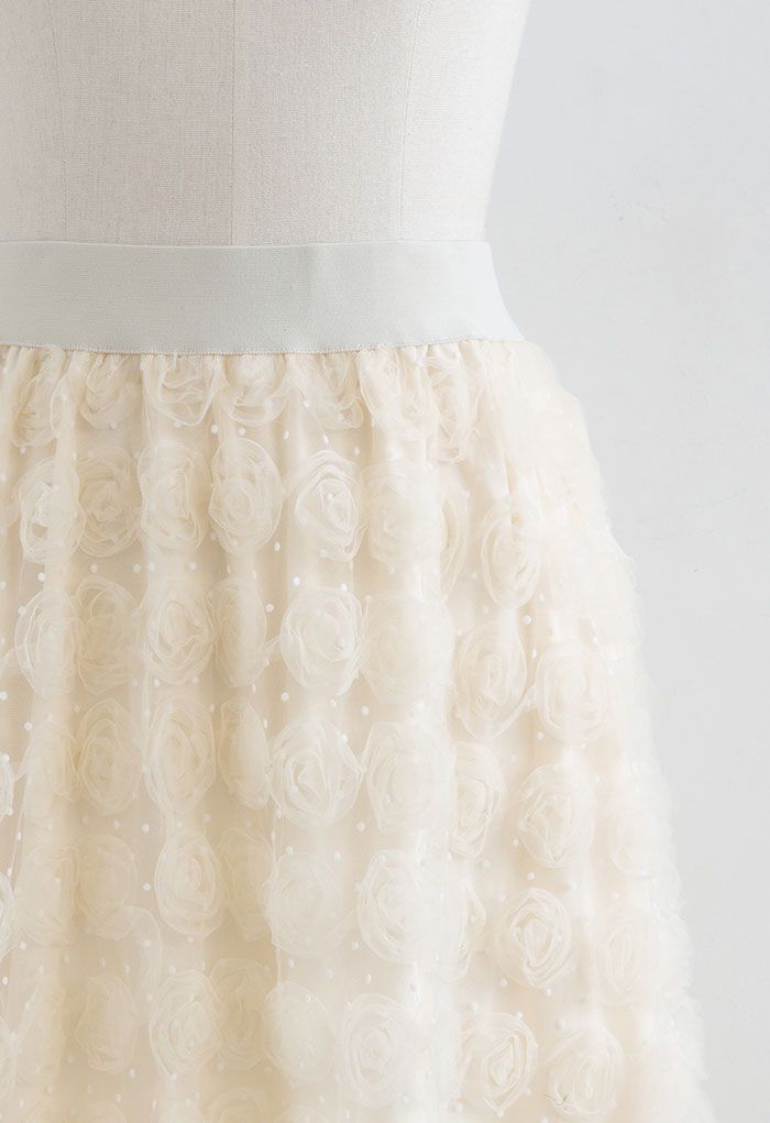 3D Rose Mesh Tulle Midi Skirt in Cream