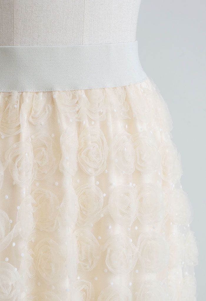 3D Rose Mesh Tulle Midi Skirt in Cream