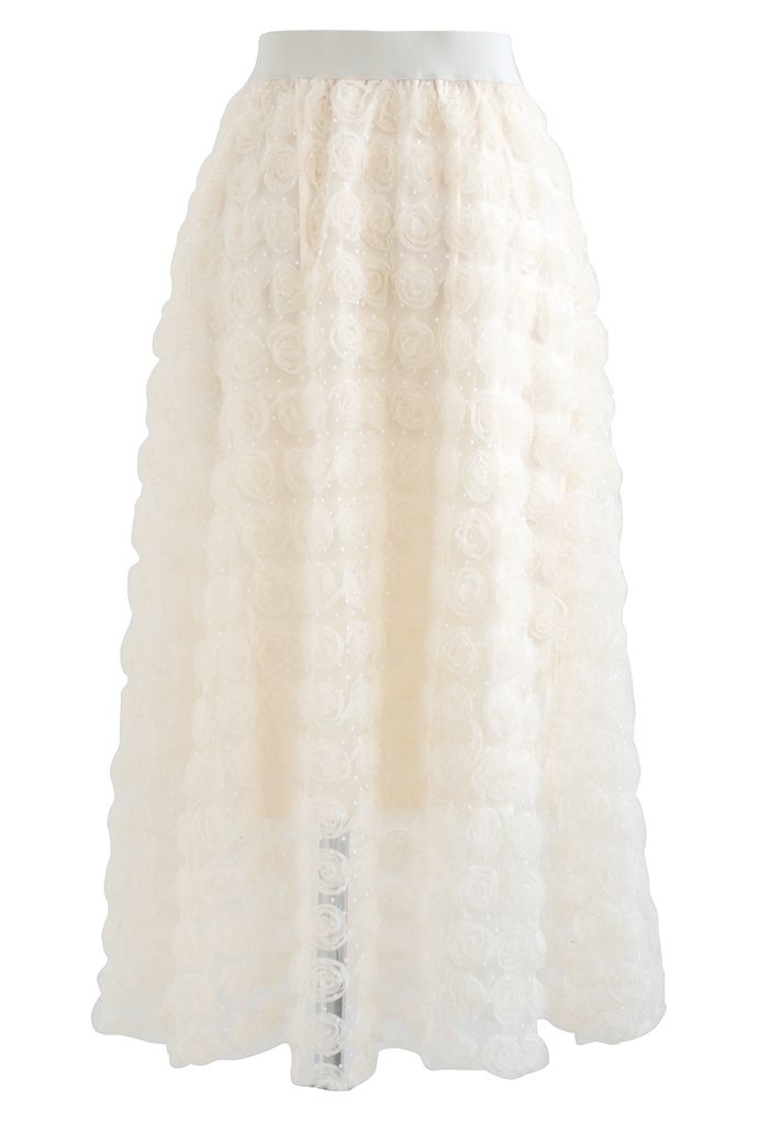 3D Rose Mesh Tulle Midi Skirt in Cream