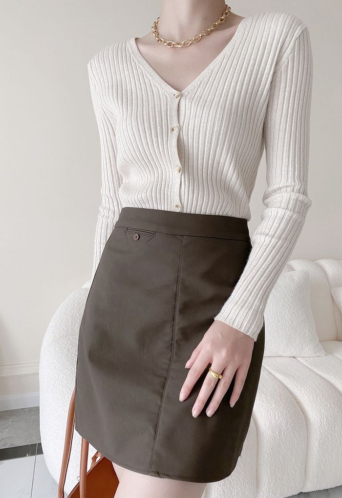 Textured Faux Leather Mini Bud Skirt in Brown