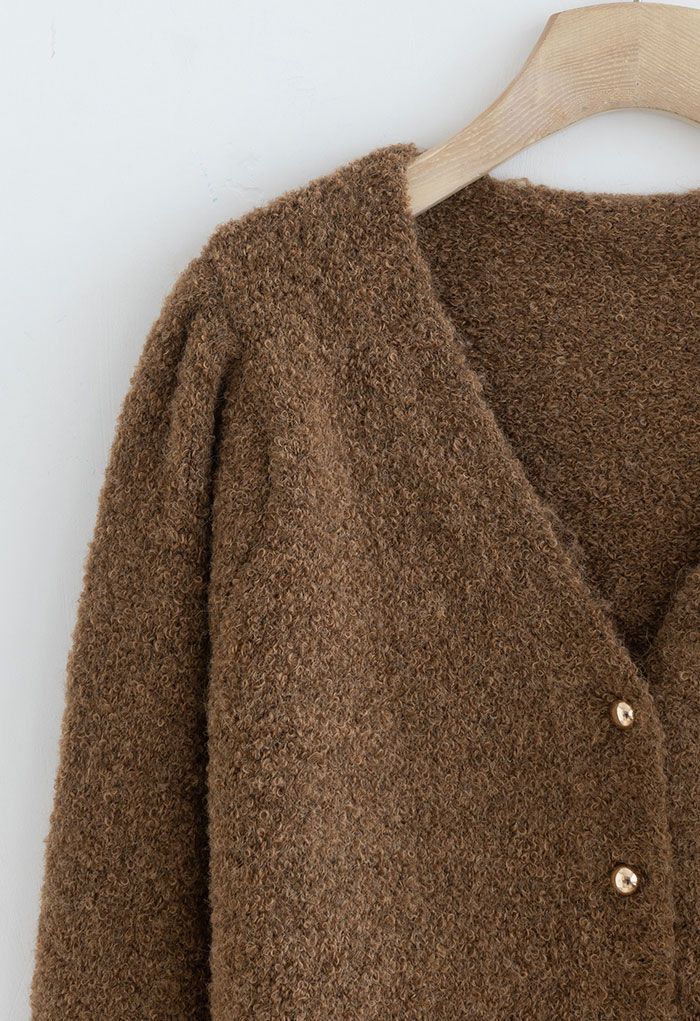 Button Front Fuzzy Knit Cardigan in Brown