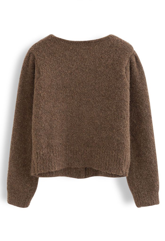 Button Front Fuzzy Knit Cardigan in Brown
